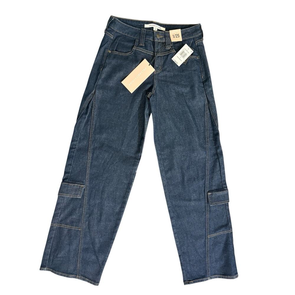 NWT Celebrity Pink Juniors Mid Rise Wide Leg Cargo Jeans Dark Wash Size 1/25